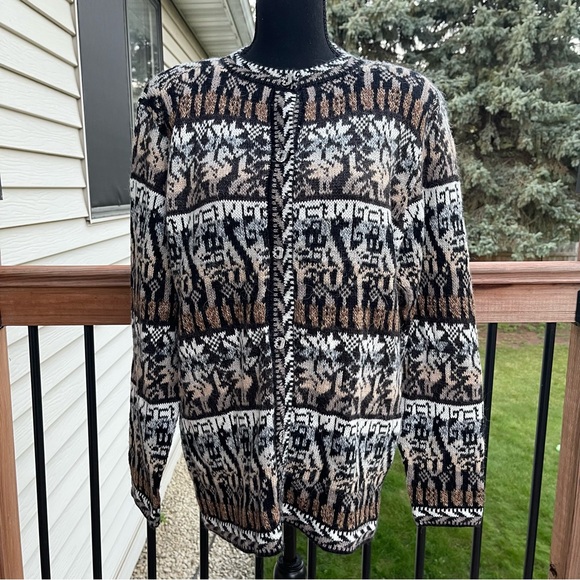 The Alpaca Connection 100% Wool Cardigan Sweater Alpaca Motif Peru Women’s Large - Picture 1 of 14